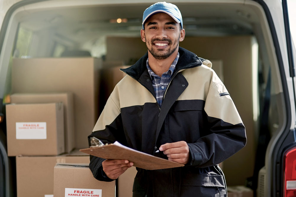 Man holding a clipboard standing behind a delivery truck full of boxes. 