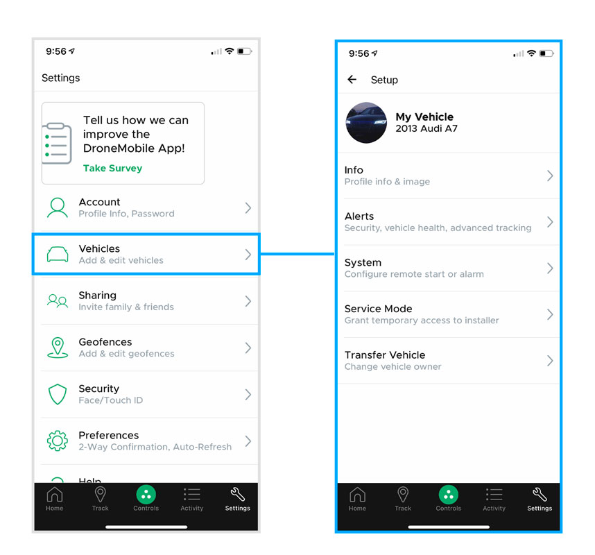 DroneMobile settings and vehicle pages in the app.