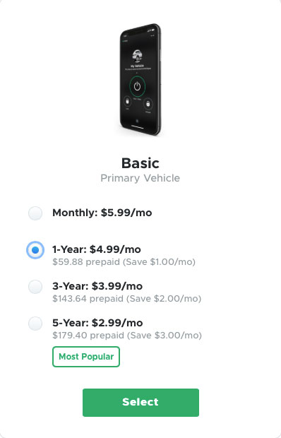 Module displaying DroneMobile Basic subscription pricing with the 1-year plan selected. 