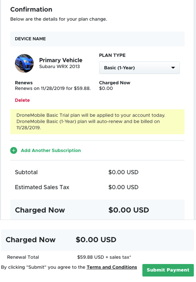 Confirmation page following the purchase of a 1-year DroneMobile subscription. 