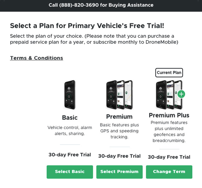 Module displaying the Basic, Premium, and Premium Plus DroneMobile subscriptions. 