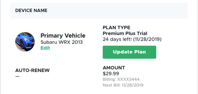 Button that says "Update Plan" next to the vehicle to which the plan is connected. 