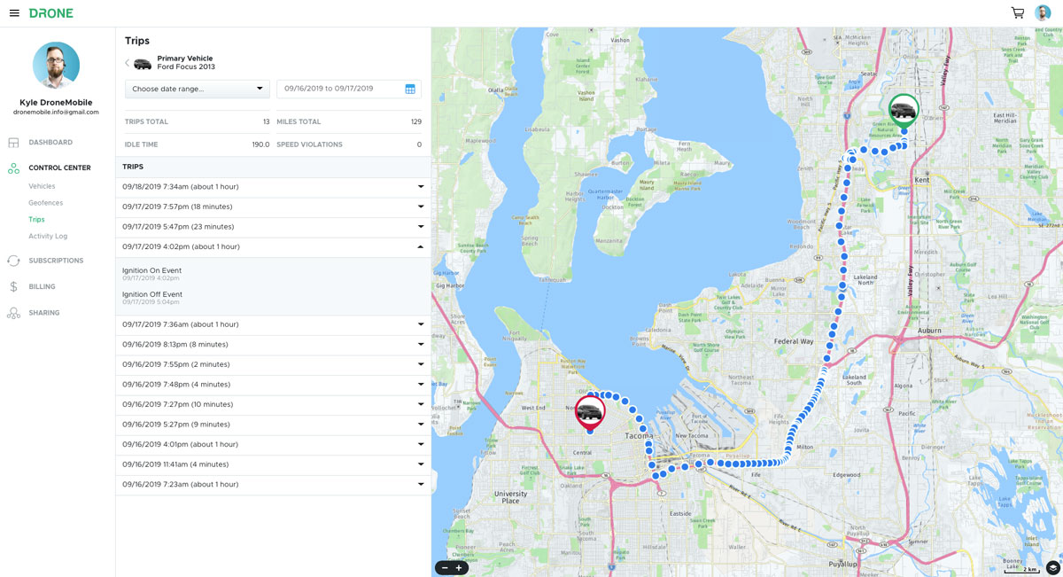 DroneMobile Trip Reports page showing a map of a vehicle's trip.